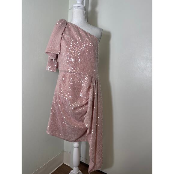 Shoshanna Midnight Blush Pink One Shoulder Sequin Cocktail Dress sz S - Picture 2 of 7